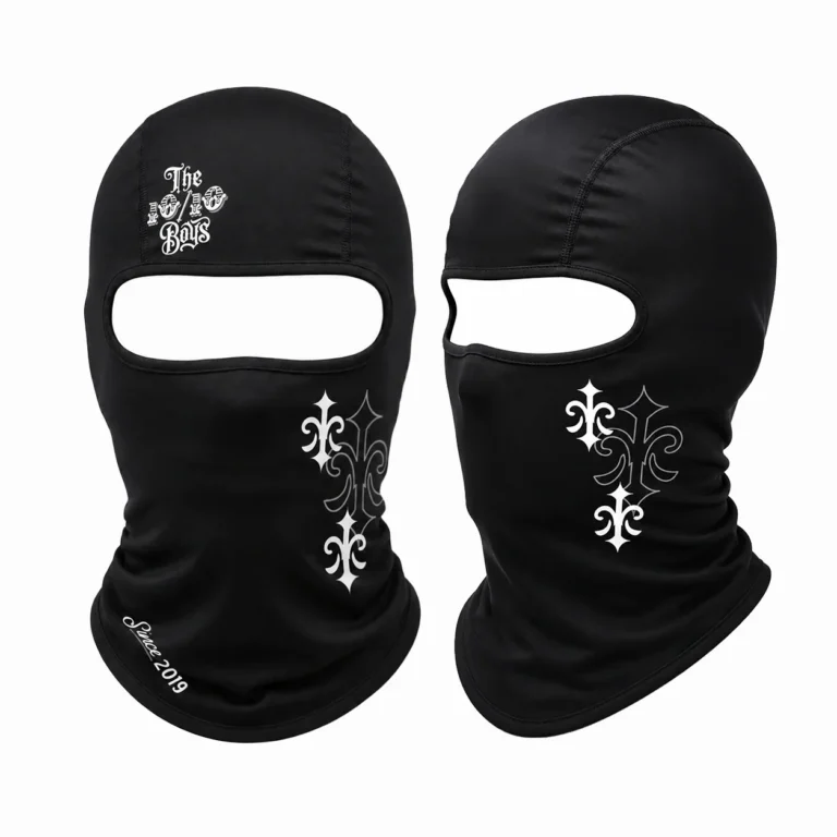 The 10/10 Boys Bally 02 in black — all angles of the fleur-de-lis balaclava shown together
