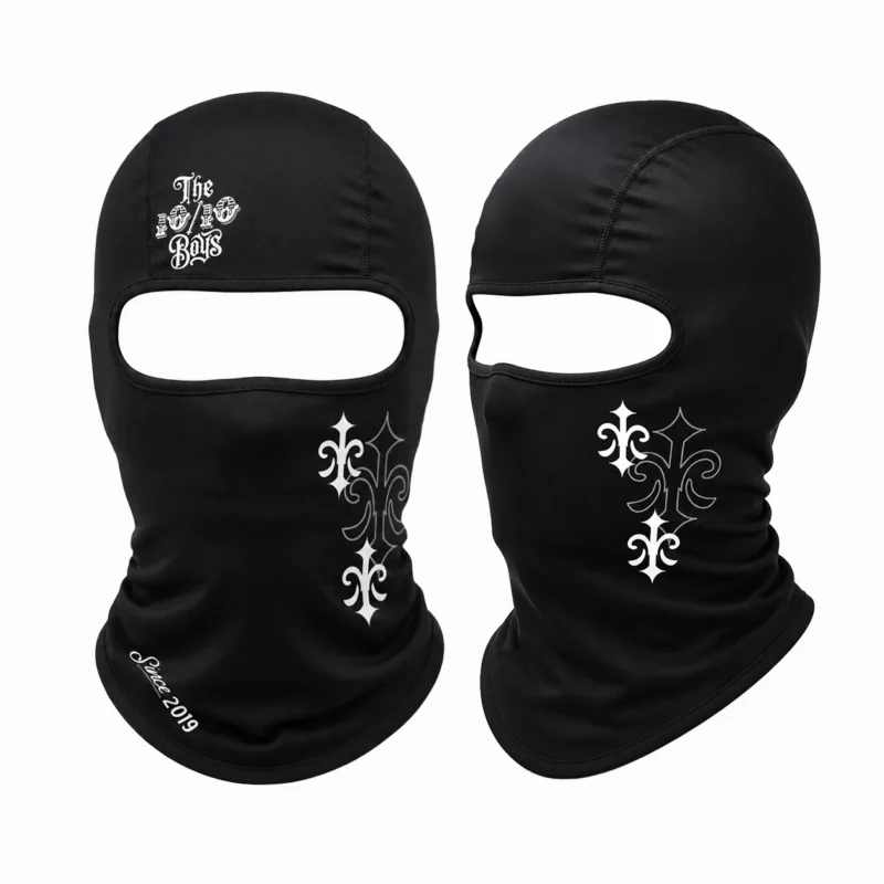 The 10/10 Boys Bally 02 in black — all angles of the fleur-de-lis balaclava shown together