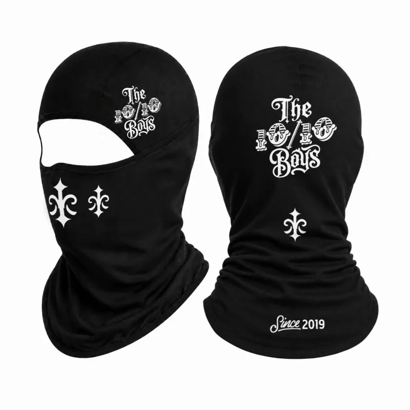 The 10/10 Boys Bally 03 in black — all angles of the fleur-de-lis balaclava shown together