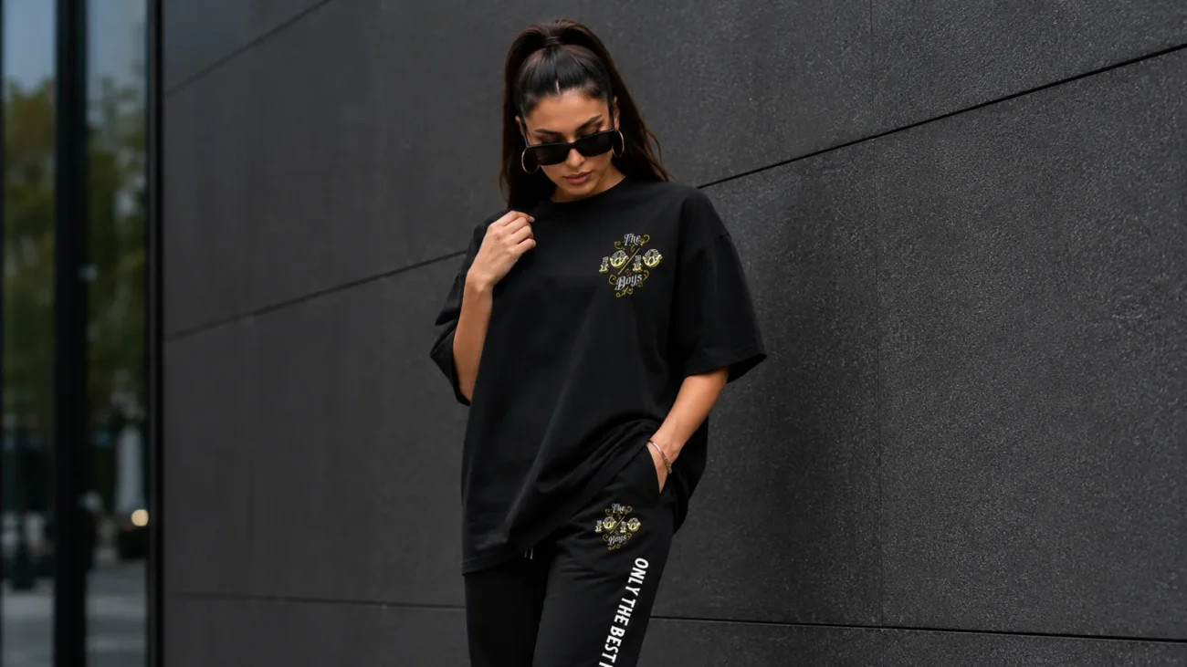 Oversized black tee with a gold chest graphic, worn against a dark stone wall