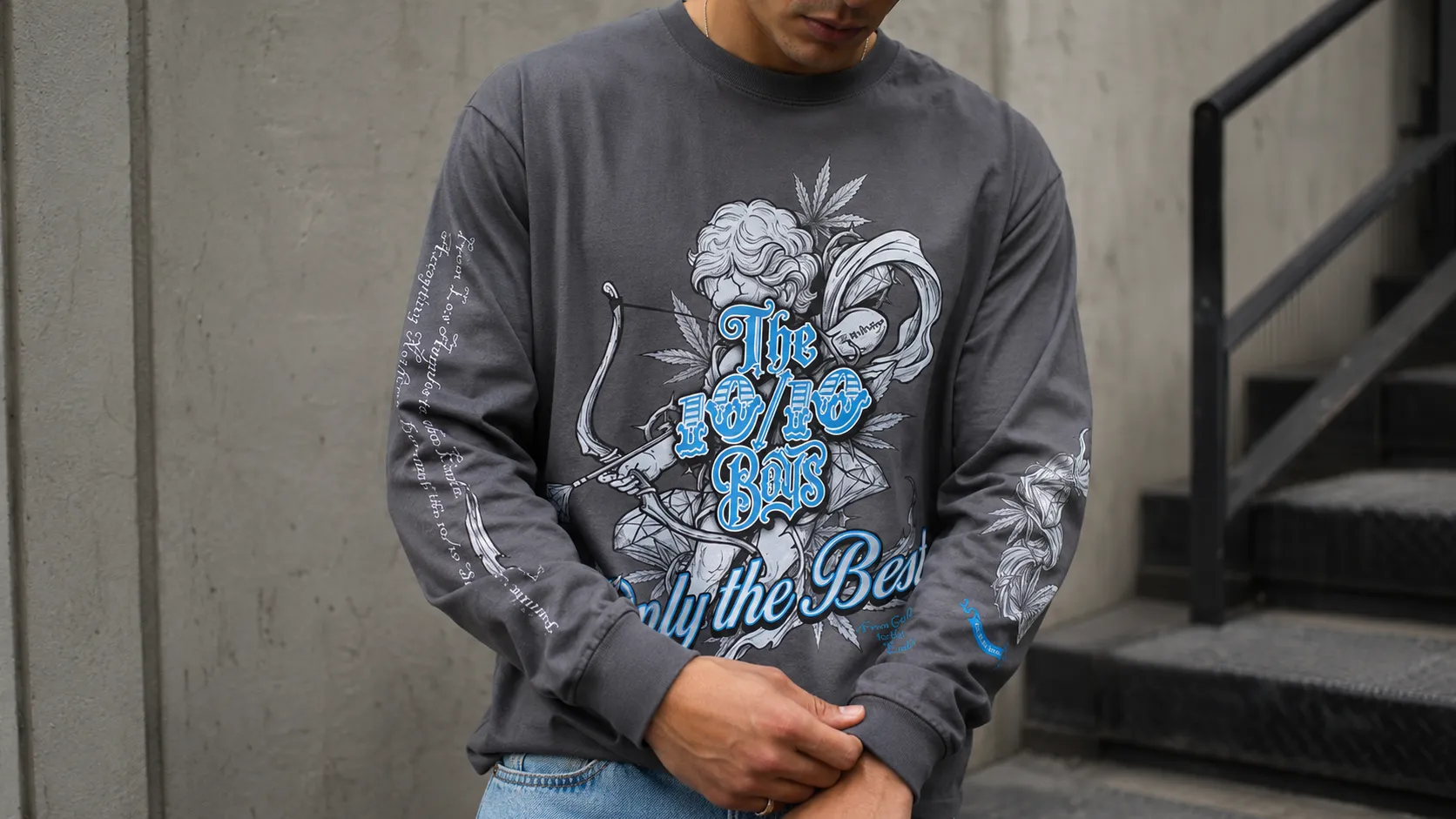 Close-up of the blue Only the Best chest graphic on a charcoal The 10/10 Boys long sleeve tee