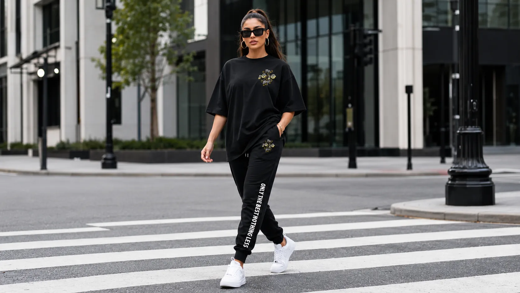 Oversized black tee and printed joggers worn crossing a city street in daylight