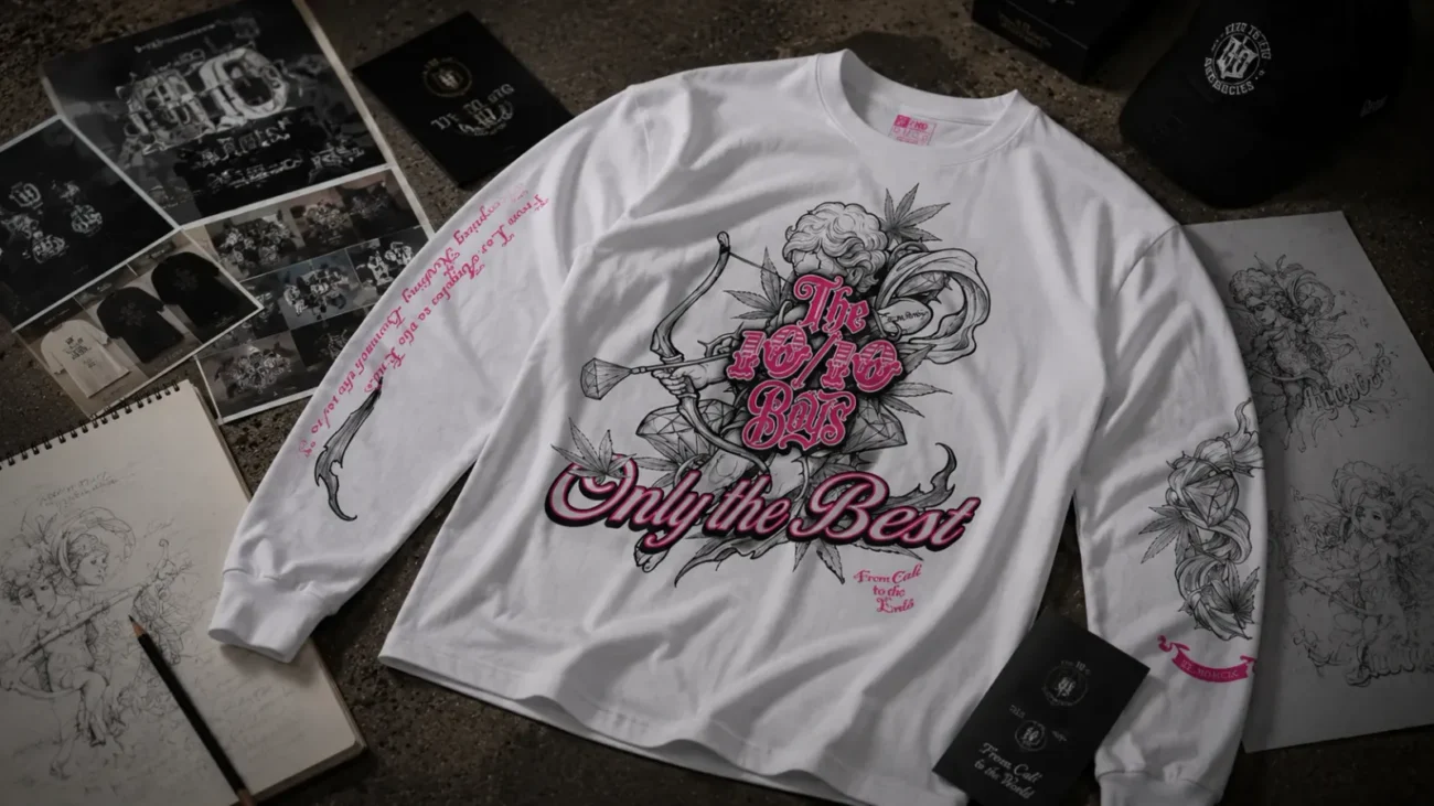 White long sleeve tee with ornamental pink lettering laid out beside hand-drawn artwork sheets, hangtags and a cap