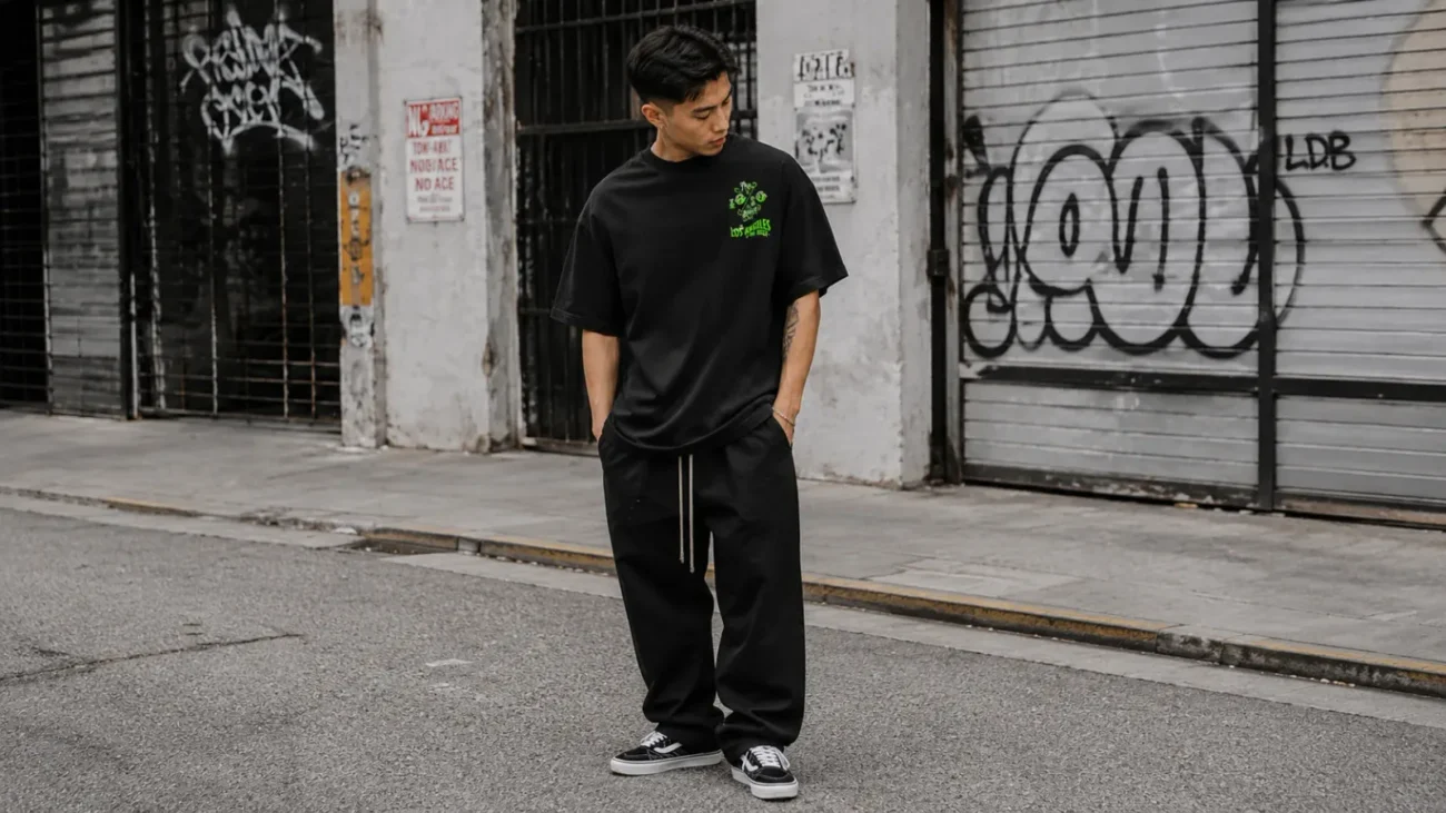 Streetwear identity in a full black outfit: oversized 10/10 Boys tee and wide trousers on a Los Angeles street