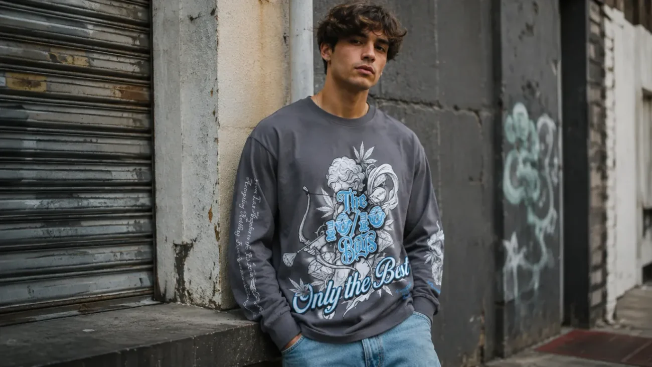 Model in a charcoal 10/10 Boys long sleeve tee leaning on a shuttered wall, a piece from an underground streetwear brand