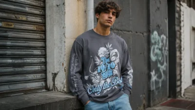 Model in a charcoal 10/10 Boys long sleeve tee leaning on a shuttered wall, a piece from an underground streetwear brand