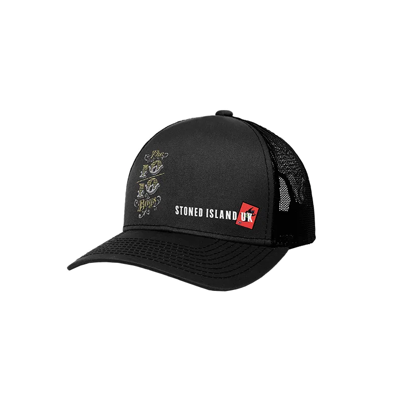 1010-boys-x-siuk-1 The 10/10 Boys x SIUK Trucker in black — three-quarter view with the 10/10 Boys logo and SIUK patch