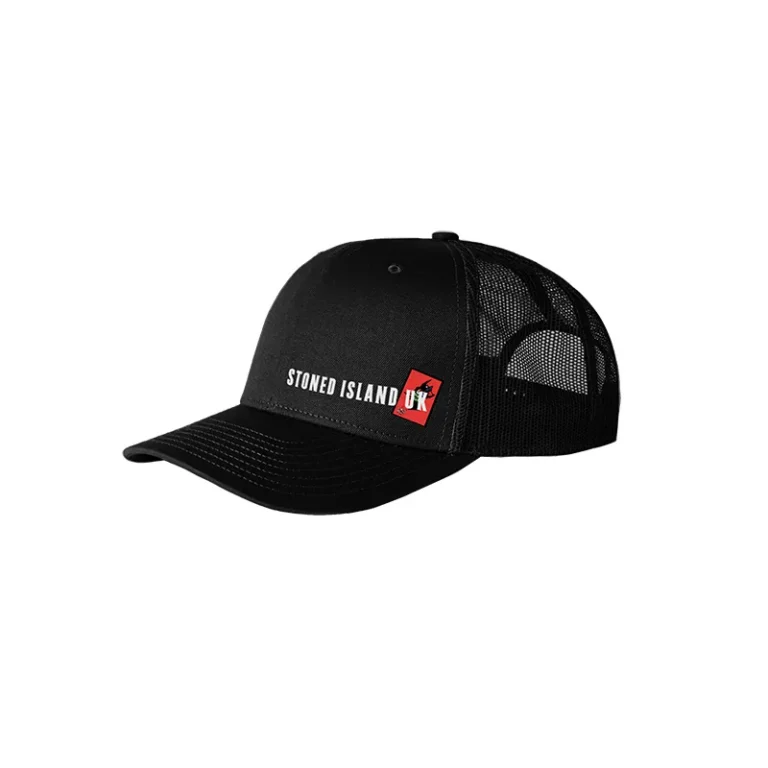The 10/10 Boys x SIUK Trucker in black — three-quarter view showing the SIUK patch on the front panel