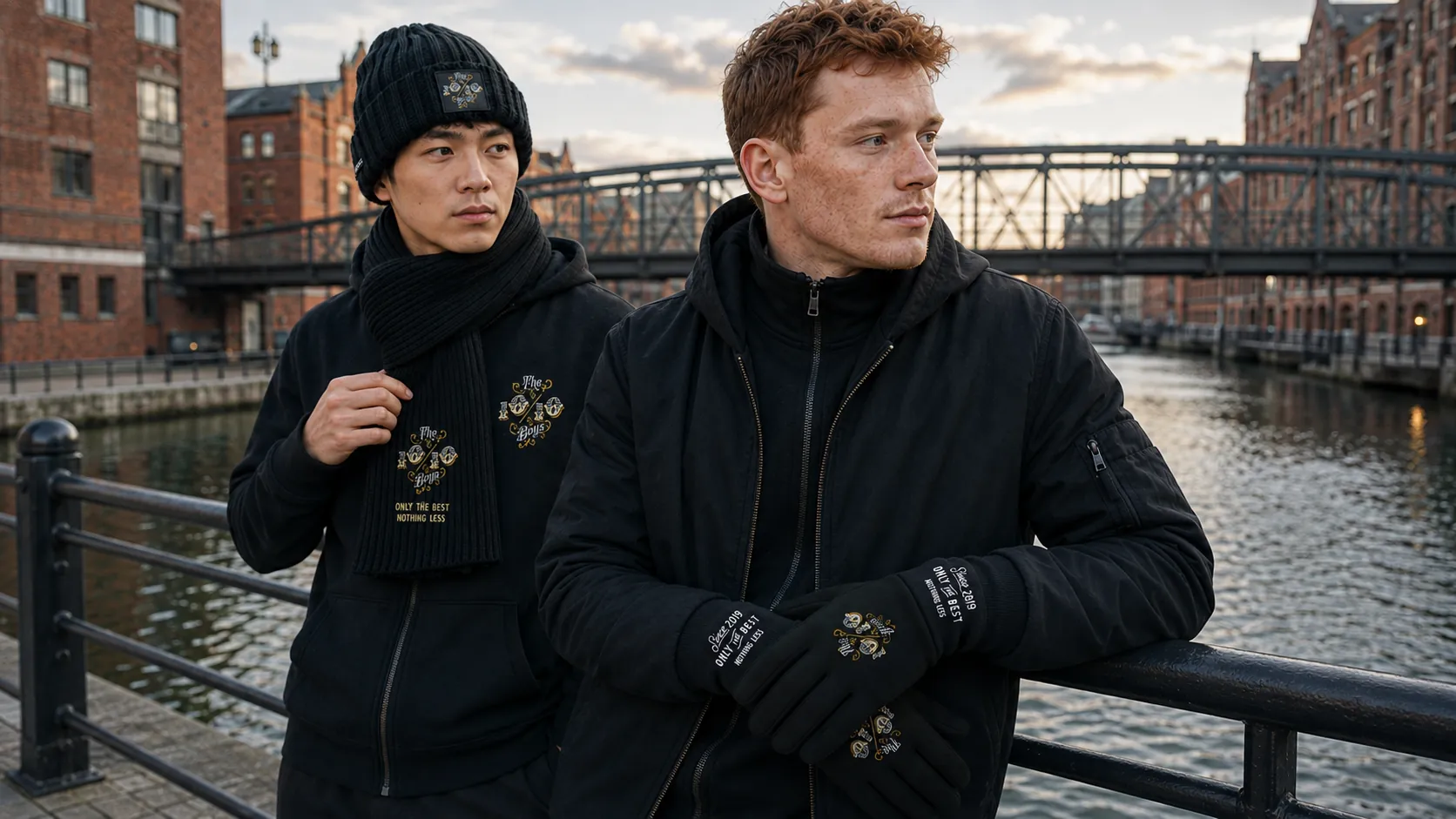 Close view of a The 10/10 Boys beanie, ribbed scarf, zip hoodie and branded winter gloves