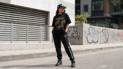 Streetwear jogger outfit: black joggers with an oversized black and gold tee and a cap