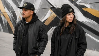 The 10/10 Boys snapback and rib-knit beanie worn side by side in all-black streetwear on a painted city wall