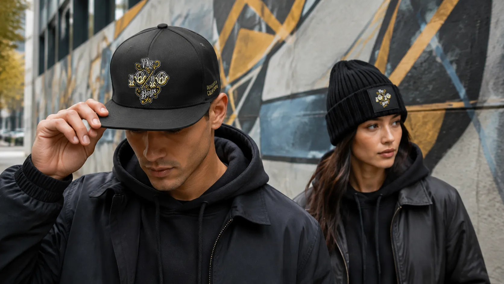Close view of a black The 10/10 Boys snapback with gold embroidery beside a rib-knit beanie with a stitched badge