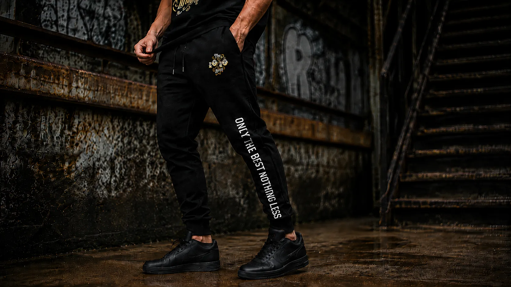 Black The 10/10 Boys joggers from waist to ankle: drawstring waistband, tapered leg and cuff