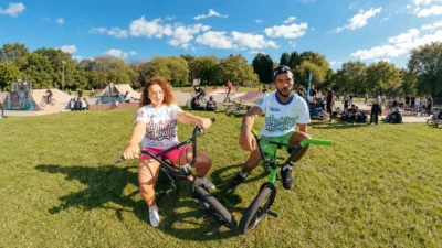 Matching T-shirt and shorts set in green and pink — California's Finest, full look on BMX bikes