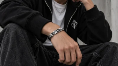 The 10/10 Boys bracelet styled with a monochrome streetwear outfit