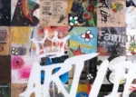 Detail of the Art Life Canvas: white crown, splattered squares and hand-drawn flowers
