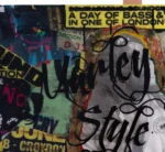 Detail of the Marley Style Canvas: script lettering over layered London concert posters
