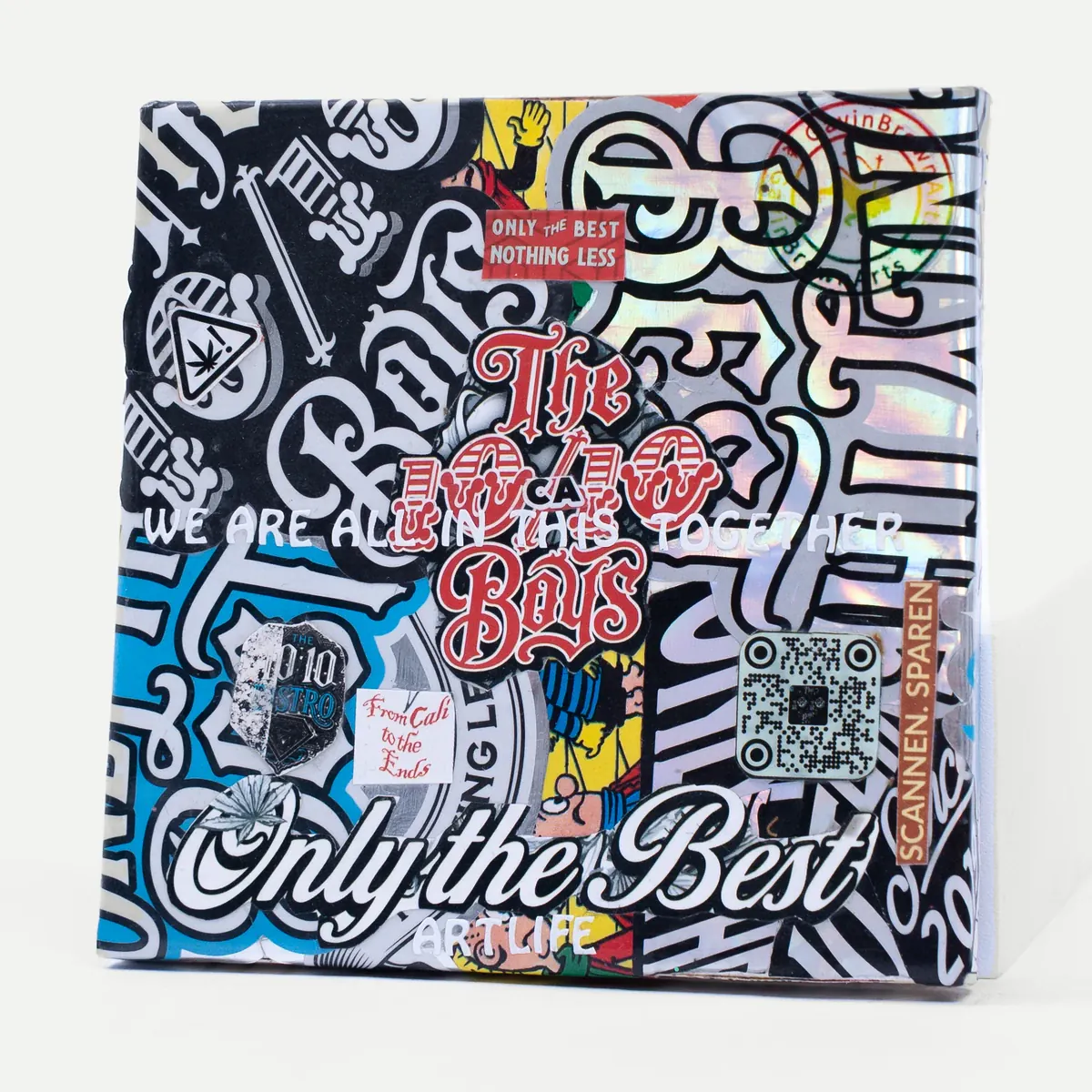 Stick It Art Mini Canvas No. 2 by GavinBrownArt: black, white and holographic stickers, fr Stick It Art Mini Canvas No. 2 by GavinBrownArt: black, white and holographic stickers, front view