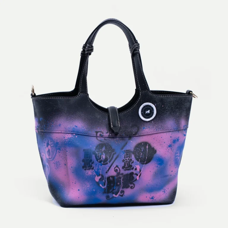 10/10 Big Handbag by GavinBrownArt, sprayed from blue to pink with 10/10 Boys artwork, front view