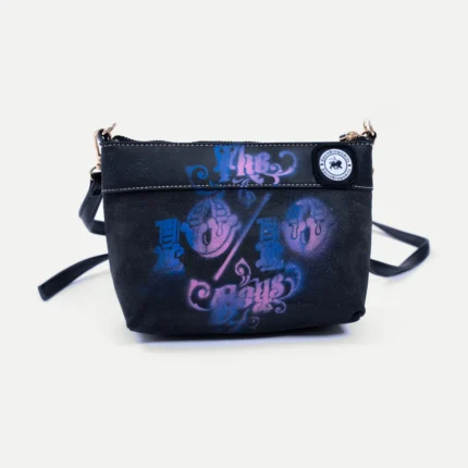 10/10 Small Bag by GavinBrownArt, black with pink and blue sprayed 10/10 Boys artwork, front view