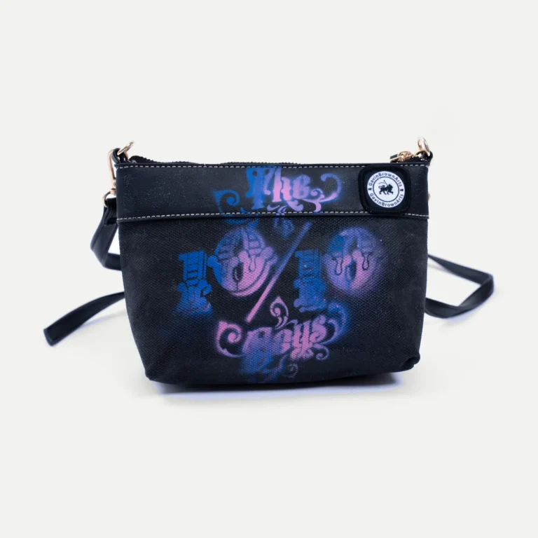 10/10 Small Bag by GavinBrownArt, black with pink and blue sprayed 10/10 Boys artwork, front view