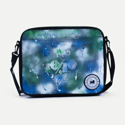 10/10 × ArtLife Big Laptop Bag by GavinBrownArt in green, white and blue spray, front view with strap