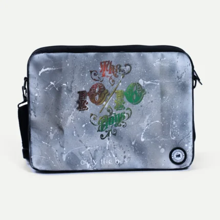 10/10 × ArtLife Medium Laptop Bag by GavinBrownArt, grey with red, yellow and green 10/10 lettering