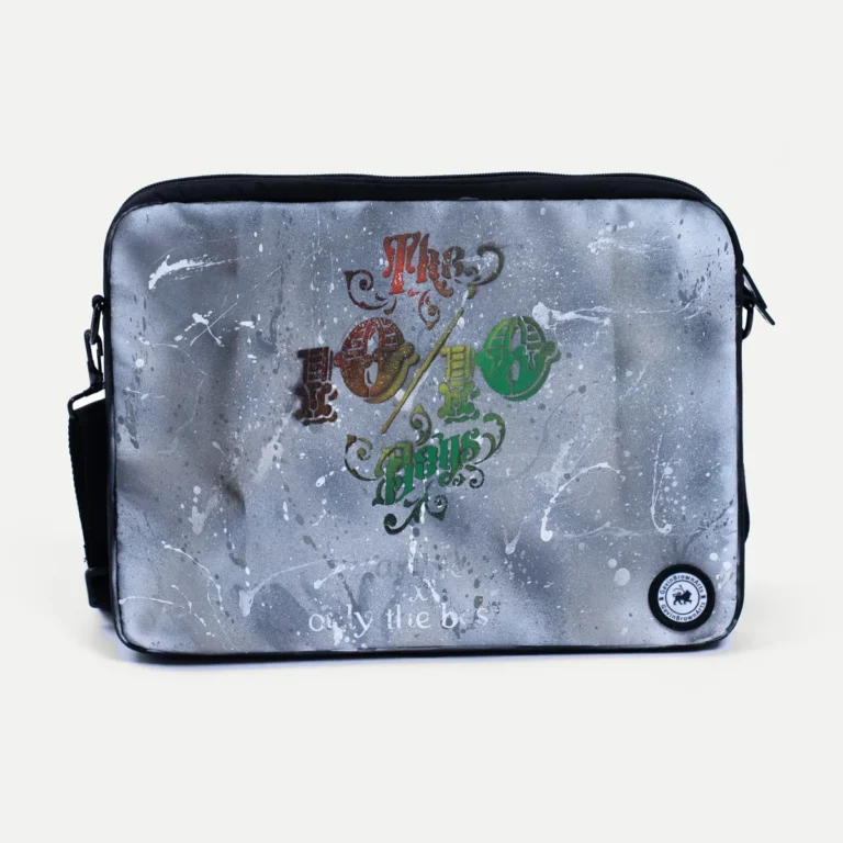 10/10 × ArtLife Medium Laptop Bag by GavinBrownArt, grey with red, yellow and green 10/10 lettering
