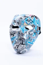 The 10/10 Mask by GavinBrownArt at an angle, showing the stickers wrapping its contours