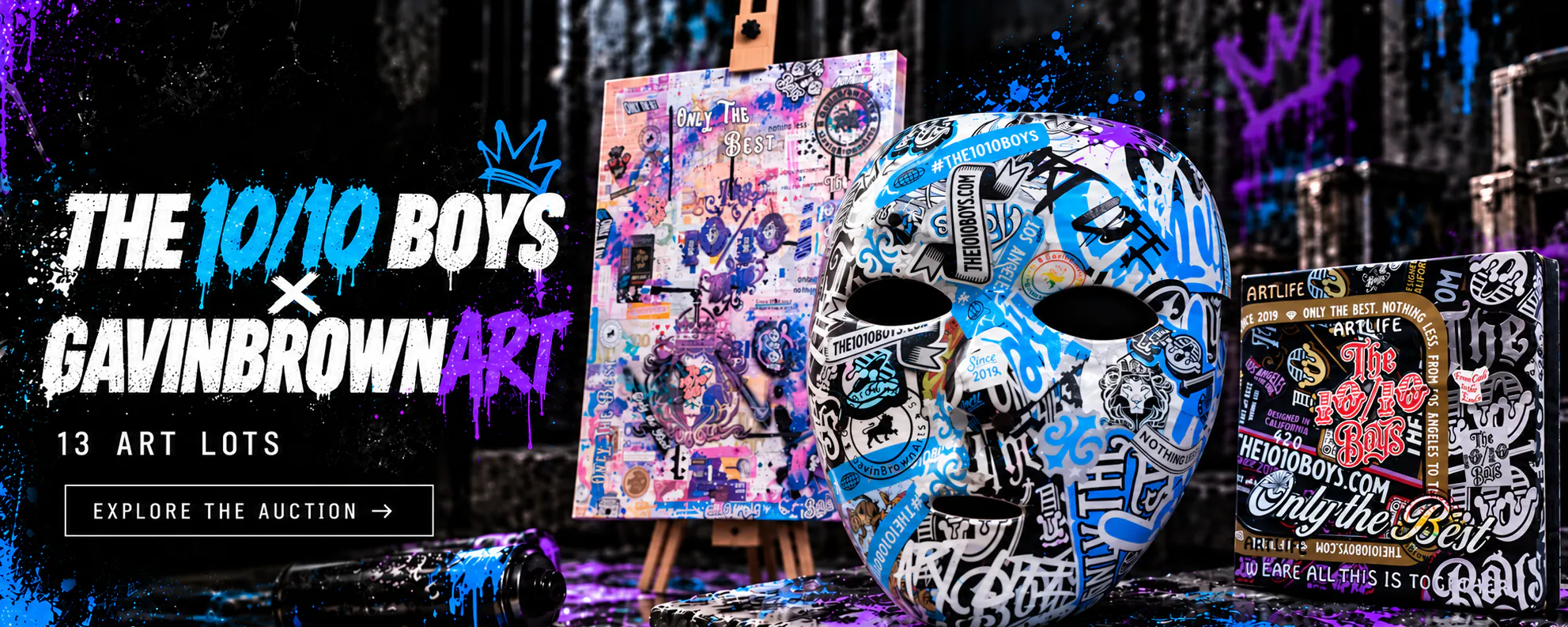 The 10/10 Boys x GavinBrownArt art auction featuring original canvas artwork, a custom mask and collectible art pieces