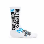 The 10/10 Boys Only The Best Sock — white crew sock with ONLY THE BEST, NOTHING LESS in black, blue fleur-de-lis and the gothic logo on the foot