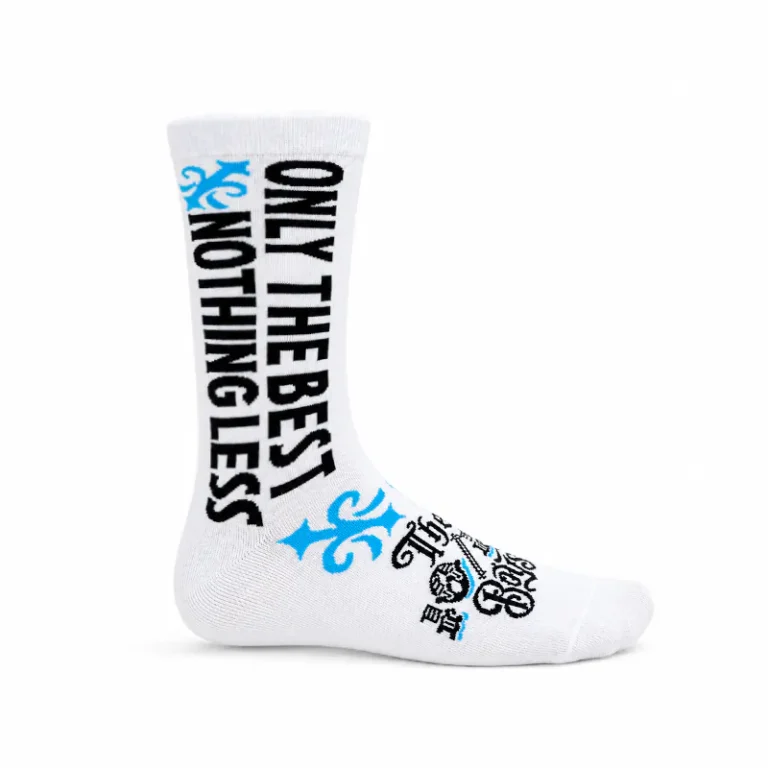The 10/10 Boys Only The Best Sock — white crew sock with ONLY THE BEST, NOTHING LESS in black, blue fleur-de-lis and the gothic logo on the foot